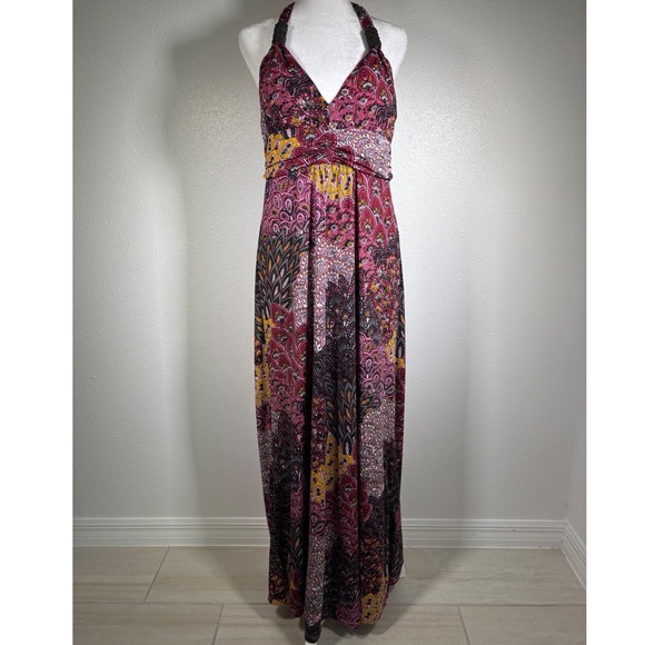 Cristinalove Dresses & Skirts - Y2K 2000s Pink Purple Paisley Halter Maxi Dress Beaded Backless Boho Medium